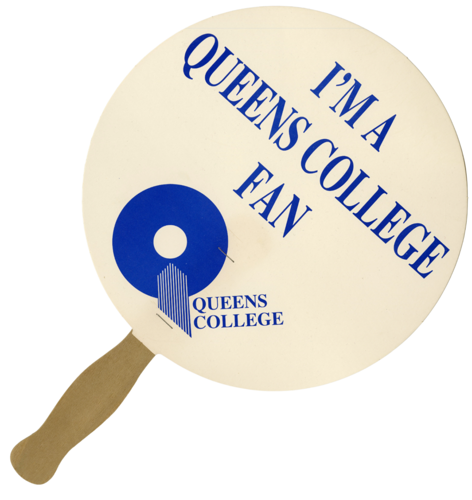 Promotional hand fan printed with logo and "I'm a Queens College fan!"